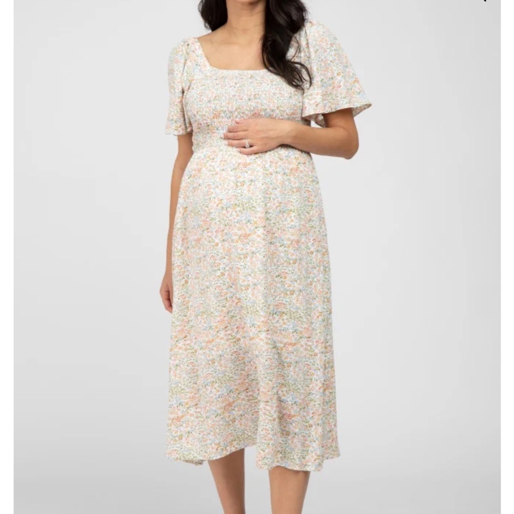 Cream Floral Smocked Square Neck Maternity Midi Dress
